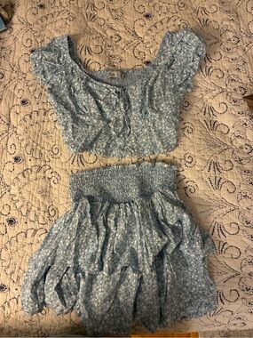 Hollister Light Blue Floral Smocked Crop Top & Skirt Set -XS